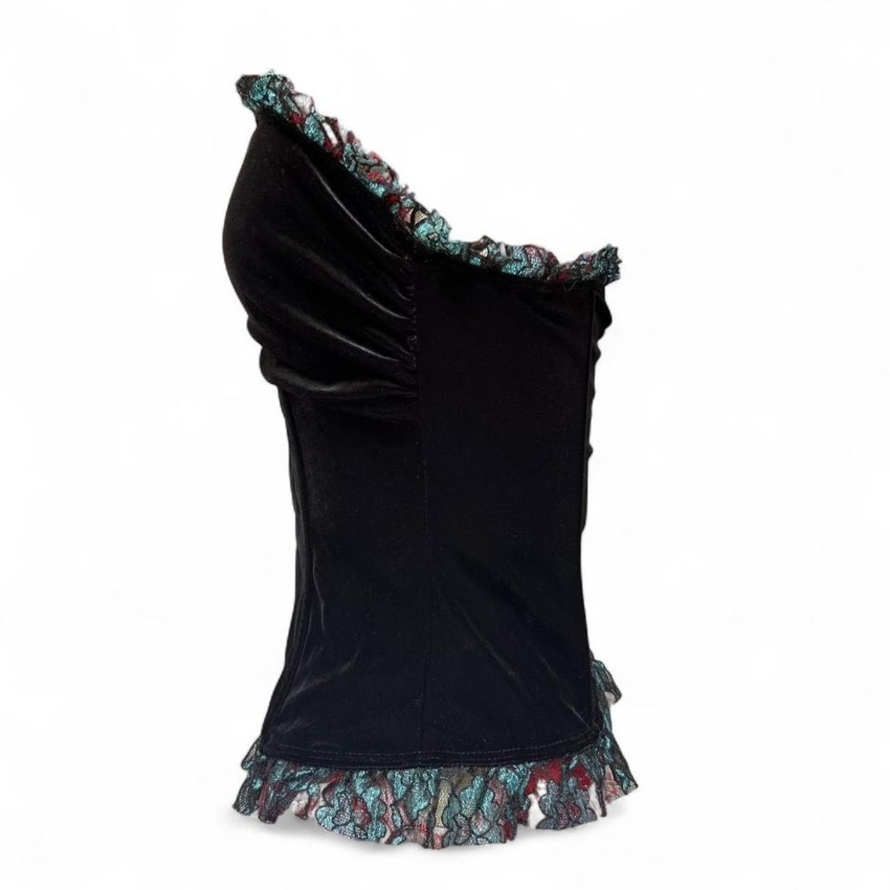 Vintage Y2K Torrid Black Velvet Corset Top Blue & Black Lace Ruffle Trim - Picture 2 of 7
